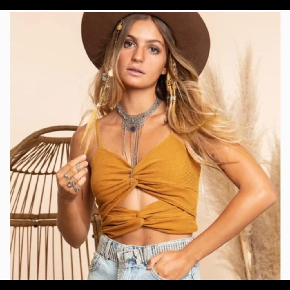 Blue Buttercup Mustard Knot Front Crop Tank
